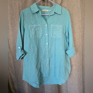 Soft Surroundings Tunic Top Womens Blue Linen Blend Button Up Lace Pockets Small